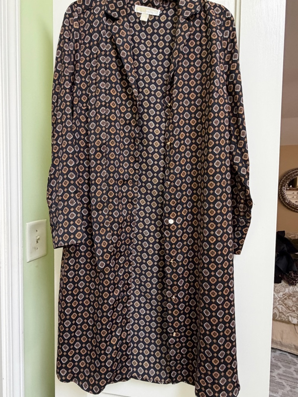 Michael Kors Black Blouse with Gold and White Medallion Print